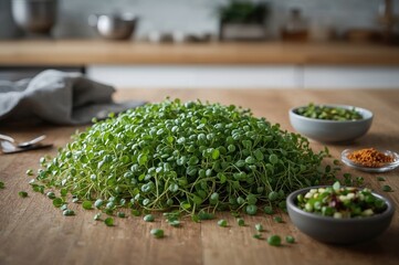 Close-up of vibrant microgreens arranged on a dining surface