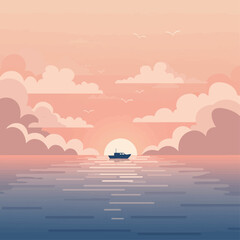 Obraz premium A serene seascape at sunset with a lone boat sailing on calm waters under a sky filled with soft, pastel clouds.