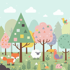 Obraz premium A charming flat illustration of a whimsical forest scene with various animals and stylized trees under a pale blue sky with fluffy clouds.