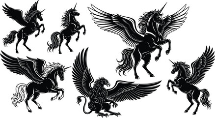 Fantasy mythical creatures set, flying unicorns, Pegasus, griffin silhouettes, majestic black vector illustrations, magical beasts, legendary animals, fantasy art
