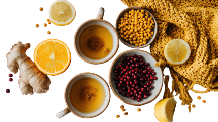 Overhead View of Herbal Tea Cups with Citrus and Spices