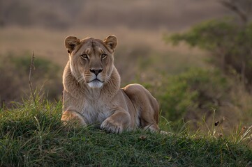 Obraz premium A solitary lion rests on a grassy hill, basking in the early sunlight after an all-night hunt.