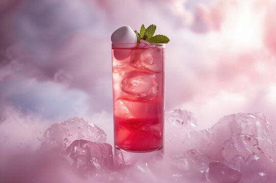 A tall collins glass filled with a multi-layered red and clear cocktail, iced and decorated with fresh mint and a marshmallow