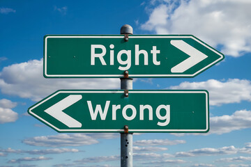 Green directional road signs pointing right and left with words Right and Wrong directional sign