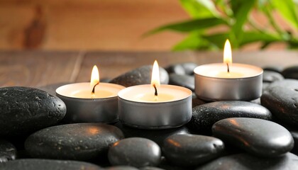 Three small candles on dark stones with a plant in the background