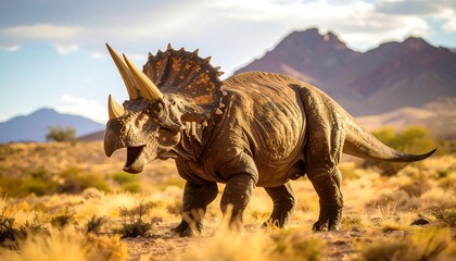 Fototapeta premium A majestic, three-horned herbivore, possibly a Triceratops, roams a prehistoric landscape. The sun bathes the ancient creature in warm light, illuminating rugged terrain,