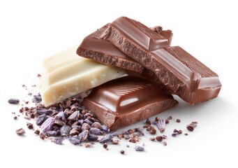 Pile of different chocolate pieces, white, milk, and dark, stacked above purple sprinkles on a white background