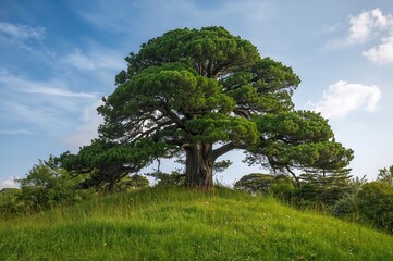 Fototapeta premium A cedar tree standing on a lush green lawn scattered with some dry leaves