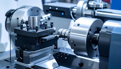 Close-up of a precision machining process with a cylindrical metal object secured in a chuck. Complex machinery details highlight engineering
