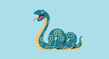 Obraz premium Illustration of a cute blue and yellow cartoon snake with open mouth and forked tongue slithering on a light blue background