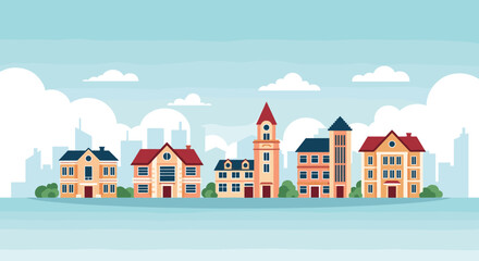 Charming suburban neighborhood landscape with diverse residential houses and city skyline in the background under a blue cloudy sky