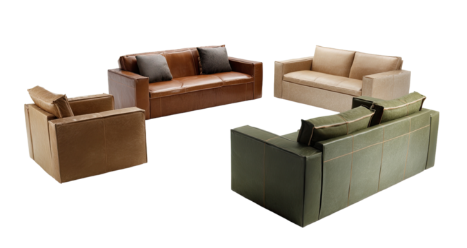 Four leather sofas and armchairs in various colors arranged in a square