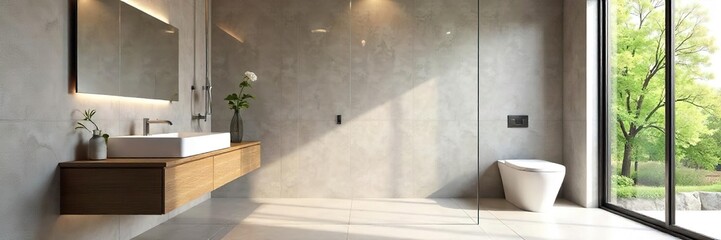 Sleek minimalist bathroom with floating vanity, rainfall shower, and large format tiles  Perfect for modern home design inspiration ,  contemporary bathroom,  lighting