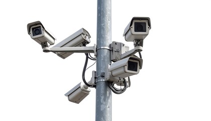 Close-up of a security camera setup on a metal pole, with multiple surveillance cameras. The cameras are mounted and positioned in various directions, suggesting a wide area of coverage