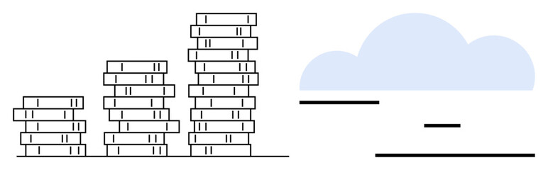 Piles of books arranged in ascending order alongside a minimalistic blue cloud. Ideal for education, learning, knowledge, growth, organization, cloud storage, data concepts, simple landing page