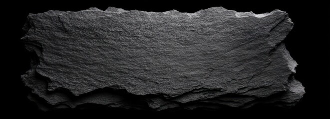 A stacked slate slab. Rough, textured surface on layered rock fragments. Dark gray material isolated against a black background creates contrast