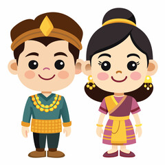 Fototapeta premium Adorable Cartoon Couple in Traditional Southeast Asian Clothing