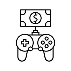 A blackandwhite icon featuring a gamepad topped by a dollar bill representing gaming monetization. Editable stroke icon