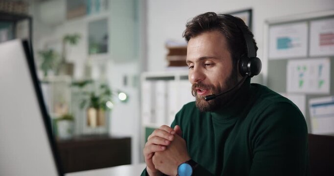 Computer, man and talking with headset in call center for client query, network resolution or help. Happy, tech support agent and speaking to inbound contact for troubleshooting and customer service