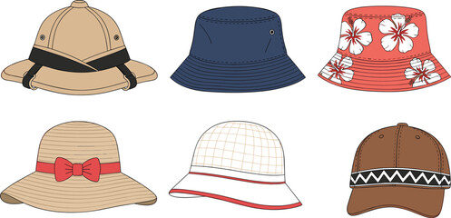 Collection of various stylish hats including safari hat, bucket hats, floral printed hat, sun hat with bow, and casual baseball cap.