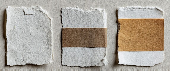 Three torn paper pieces, textured white with horizontal brown bands, on neutral background. Close-up, rough edges
