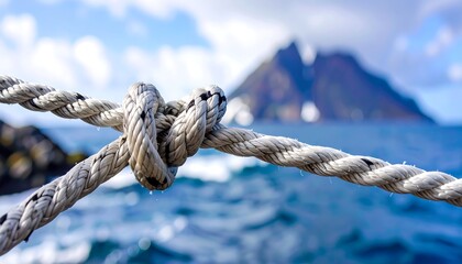 Close-up of a rope knot against a blurred seascape background with a distant mountain peak under a partly cloudy sky, focusing on textures and depths