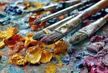 Obraz premium Close-up of paint-covered brushes lying on an artist's palette with globs of vibrant colors spread across its surface