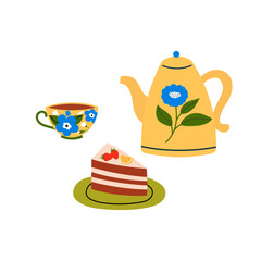 Delicious dessert with cream and decorated with fruit. Cut piece of birthday cake, served on plate. Ceramic teapot and mug with tea. Layered cake with chocolate sponge cake and whipped cream. 