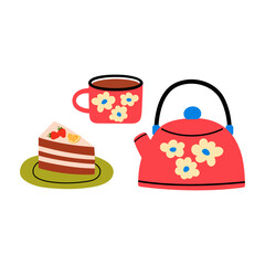 Delicious dessert with cream and decorated with fruit. Cut piece of birthday cake, served on plate. Ceramic teapot and mug with tea. Layered cake with chocolate sponge cake and whipped cream. 