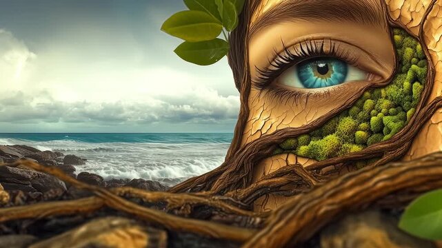 Closeup of a beautiful woman&rsquo;s face merging with nature, featuring moss-textured skin, roots, leaves. Mother nature concept.