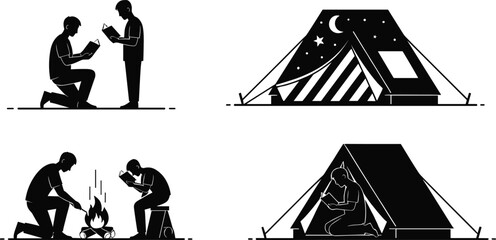 Camping outdoors with family, father and son reading books, campfire scene, night tent, adventure, nature, bonding, relaxation