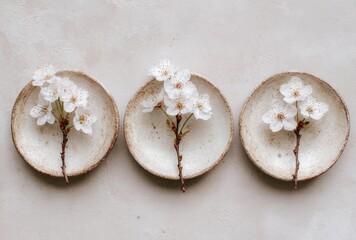 Three rustic plates feature delicate white blossoms on short stems, resting on a lightly textured, neutral surface