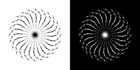 Abstract background with line pattern forming circle. Spiral art design as logo or icon. Black lines on white background and same white lines on black side. Mandala with line pattern.