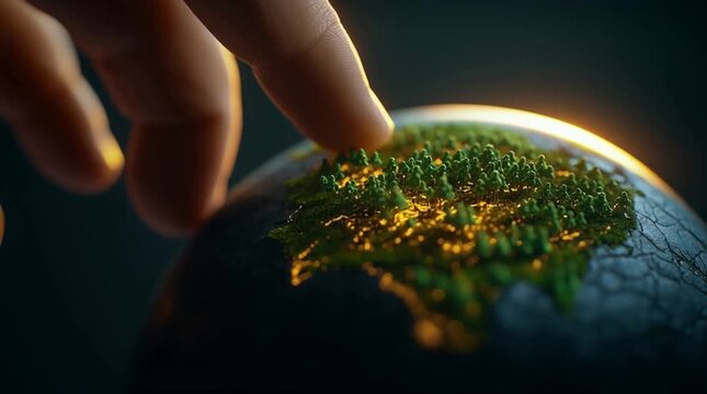 Hand gently hovering over miniature forest on a glowing planet earth