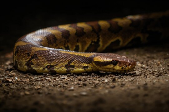 A large reticulated python with brown and yellow scales slithers across the earth.