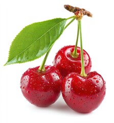 Close-up of three glossy, ripe cherries with a leaf and stem, showcasing vibrant red color and fresh appearance