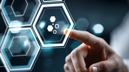 A person's finger touches a digital interface displaying a network of interconnected hexagonal shapes, representing data and technological concepts, with a blurred background. - Powered by Adobe