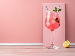 Refreshing pink cocktail in a tall glass with mint leaves and lemon on a minimalist background