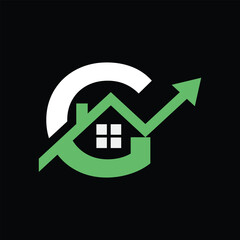 this is a flat logo design of an initial G in combination with a house and a graphic arrow heading up that looks good in green and white color on a black background
