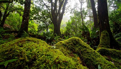 Obraz premium Lush mossy forest floor, sunlight filtering through trees