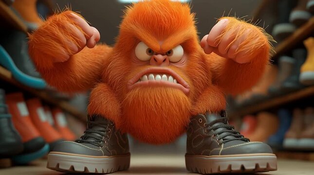 Angry cartoon bigfoot character in giant boots yelling in shoe store