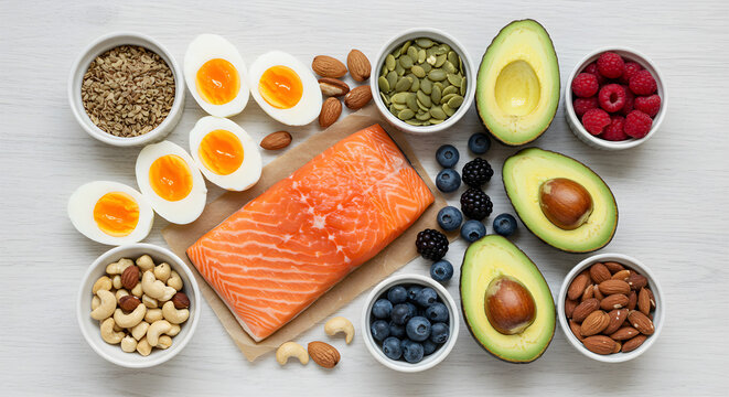 Nourishing keto diet ingredients salmon avocado eggs berries nuts seeds for healthy eating and wellness
