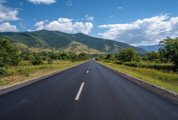 A straight asphalt road stretches towards a mountain backdrop under a partly cloudy blue sky, flanked by green trees and shrubs