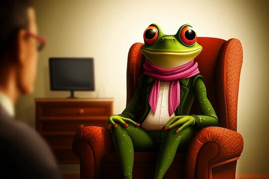 Frog in therapy session wearing suit and scarf
