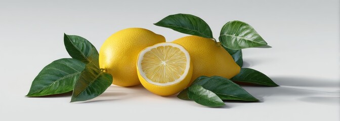 A cluster of lemons, one sliced, surrounded by green leaves on a plain background with subtle shadows creates a refreshing still life