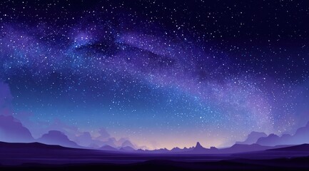 A vibrant digital painting of a starry night sky over a muted purple landscape evokes wonder & tranquility