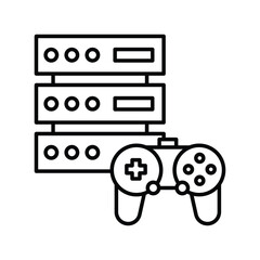 A line drawing of a server stack with a game controller in front. Editable stroke icon