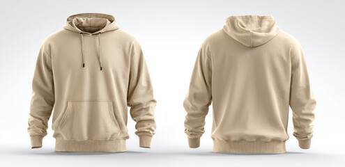 A tan hoodie is displayed, front and back views, on a light background
