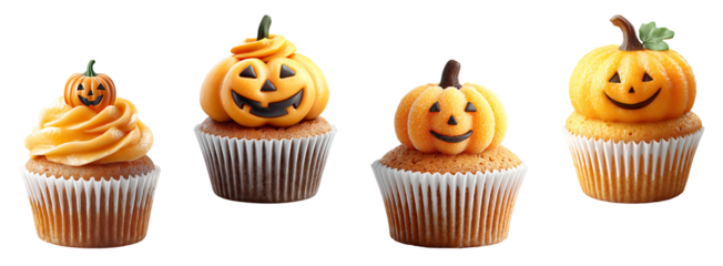 Halloween cupcake with pumpkin decoration isolated on transparent background.