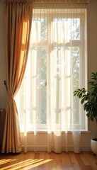 Elegant sheer window curtains gently billowing in a soft breeze, sunlight filtering through, creating a warm and inviting atmosphere in a modern home interior , minimalist, home, beige